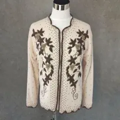 【レトロビーズ刺繍花オフホワイトニットカーディガン38】古着ヴィンテージ