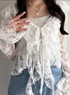 美品✨️カスケードフリルブラウス レース カーディガン ボレロ シアー