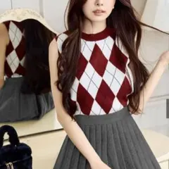 アーガイル柄ニットカーディガン×ノースリーブトップスアンサンブル[tu1847