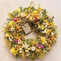 春 イエロー ホワイトナチュラル ドライフラワー リース 壁掛け ギフト