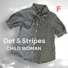 Dot & Stripes リボン付半袖チェックシャツ 綿100% 黒×白 F
