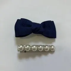 ヘアクリップ　リボン　青　パールストーン　2個セット