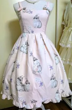 【訳あり】うさぎ柄が可愛い❣花束モチーフの薄ピンク♡ロリータワンピース