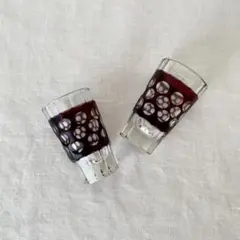 色被せ切子 3個セット 島津薩摩切子】 二色衣 二色猪口(大) cut206【ルリ金赤×ルリ緑