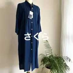 新品 日本製 リネン ロングワンピース 藍色