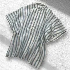 自由区★[洗える]テンセルリネン＊デザインブラウス★オフ×ブルーストライプのサムネイル