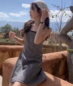 新品未使用　黒と白のギンガムチェック キャミワンピース　韓国ファッション