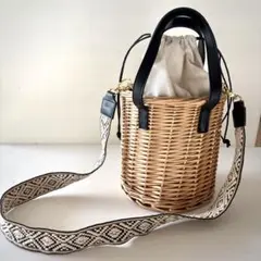 【美品】かごバッグ 2way ショルダー 巾着 フォークロア ベルト レザー