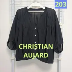 美品【CHRISTIAN AUJARD】黒スタンドカラー長袖ロング丈ブラウスL 