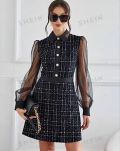 SHEIN Priv コントラストメッシュ ランタンスリーブ ドレス