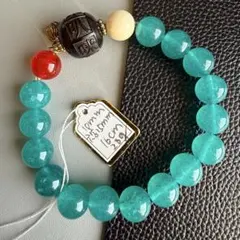 成功の石ミャンマー氷種老藍水翡翠10mm × 檀木 六字真言ブレスレット 守護
