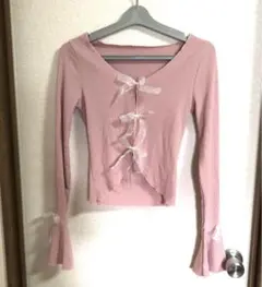 【美品】レディース　カーディガン　　リボン付きピンク長袖トップス