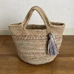 麻ひもバッグ　麻紐バッグ　生成り×段染め糸　手編み　ハンドメイド