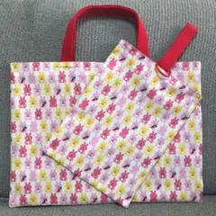新品 ハンドメイド リバーシブル 通園バッグ2点セット④うさぎピンク赤チェック