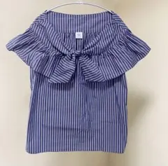 IENA LA BOUCLE　フリル袖　リボン　ストライプ　半袖シャツ　洗濯可能のサムネイル