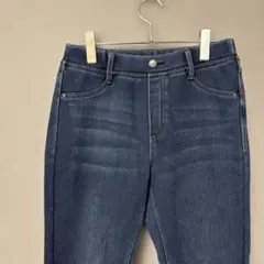 裏起毛ストレッチデニム風レギンスパンツ(M)ネイビー　あったかウエストゴム
