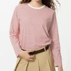 ソフトコットンラウンドヘムＴ長袖ボーダーＬサイズレッド