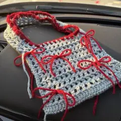 バッグ リボン付き ネット編み ミニバッグ 韓国風 編み物 ハンドメイド