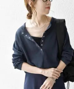 SHIPS any 洗濯可 ワッフル ヘンリーネック ラウンドヘム プルオーバー