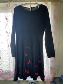 黒の蝶刺繍長袖ワンピース