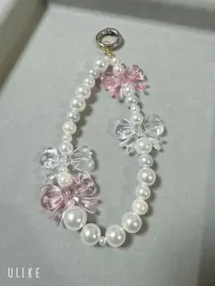 ハンドメイド パールリボン携帯ストラップ