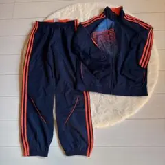 美品adidas★ナイロンジャケット上下セット150ネイビー/ネオンオレンジ