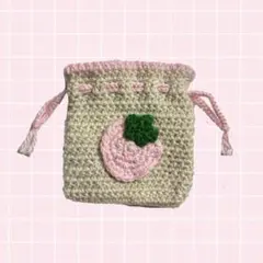 編み物　巾着　いちご　ピンク