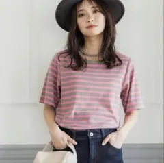 cocaピンクカーキボーダー半袖Tシャツコカshein ZARA H&Mのサムネイル