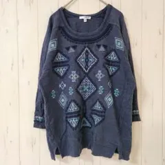 ソノマ レディース クルーネック ラグランスリーブ エスニック柄 L～XL 青