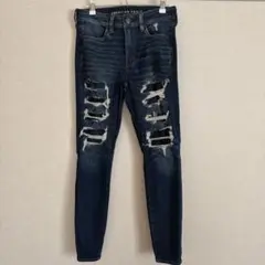 ⭐️アメリカンイーグル スキニージーンズ【6】ダメージ加工 ストレッチ 濃紺 古着