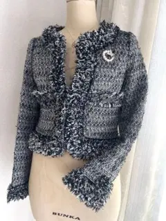 ノーカラー　フリンジツイード　ブラックホワイトジャケット