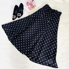 ★ 美品★秋映え★黒白ドット★フレアロングスカート　L リボン