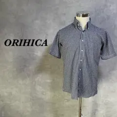 ORIHICA 半袖シャツ ギンガムチェック柄 バックロング ネイビー 3216