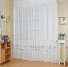 花柄レースカーテン ホワイト ブルー　100×200cm カーテン　2枚のサムネイル