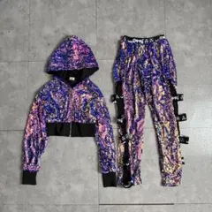 スパンコールダンス衣装パーカーパンツセットアップジップアップy2k他系統ポップ