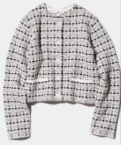 ユニクロ　ノーカラーニットジャケット　ホワイト系　Lサイズ