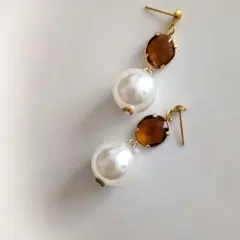 ブラウン×16mmパールピアスイヤリング　ハンドメイド