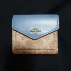 COACH 二つ折り財布 青 ✕ブラウン　シグネチャー