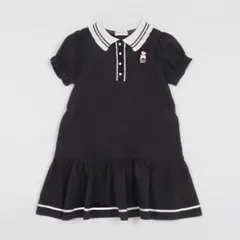 美品　メゾピアノ　クマ刺しゅう　ポロ衿パフスリーブ　ワンピース　紺 130cm