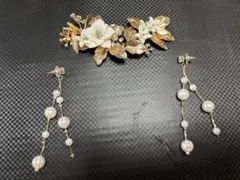 【美品】花とパールのヘッドドレス＆パールピアスセット