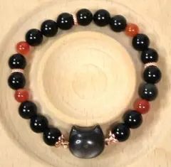 〖D354〗シルバーオブシディアン ねこ顔パーツ サードオニキス ブレスレット