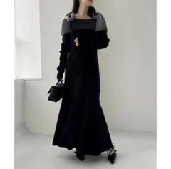 NICECLAUP リボンオフショルロングニットワンピ 黒 ブラック