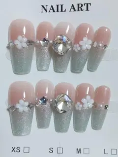 B7グラデーションネイルチップ 花ストーン付きSサイズ10個セット