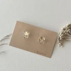 再販2【no.30】黄かすみ草とパールのキューブハンドメイドノンホールイヤリング