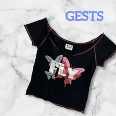 Y2K GESTS バタフライ刺繍デザイントップス クロップド丈 黒 平成ギャルのサムネイル