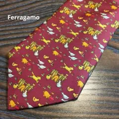 【美品】Ferragamo バーガンディ 動物柄 ネクタイ メンズ　003