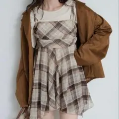 Kastane チェックアシメチュニック　ベージュ