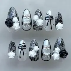 ネイルチップ　量産型　韓国　リボン　薔薇　レース　バレエコア　フレンチガーリー