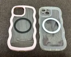 iPhone15 うねうねスマホケース ピンク&クリア MagSafeシール付き