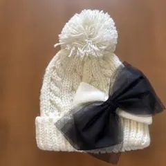 アイボリー ニット帽 花刺繍手袋セット